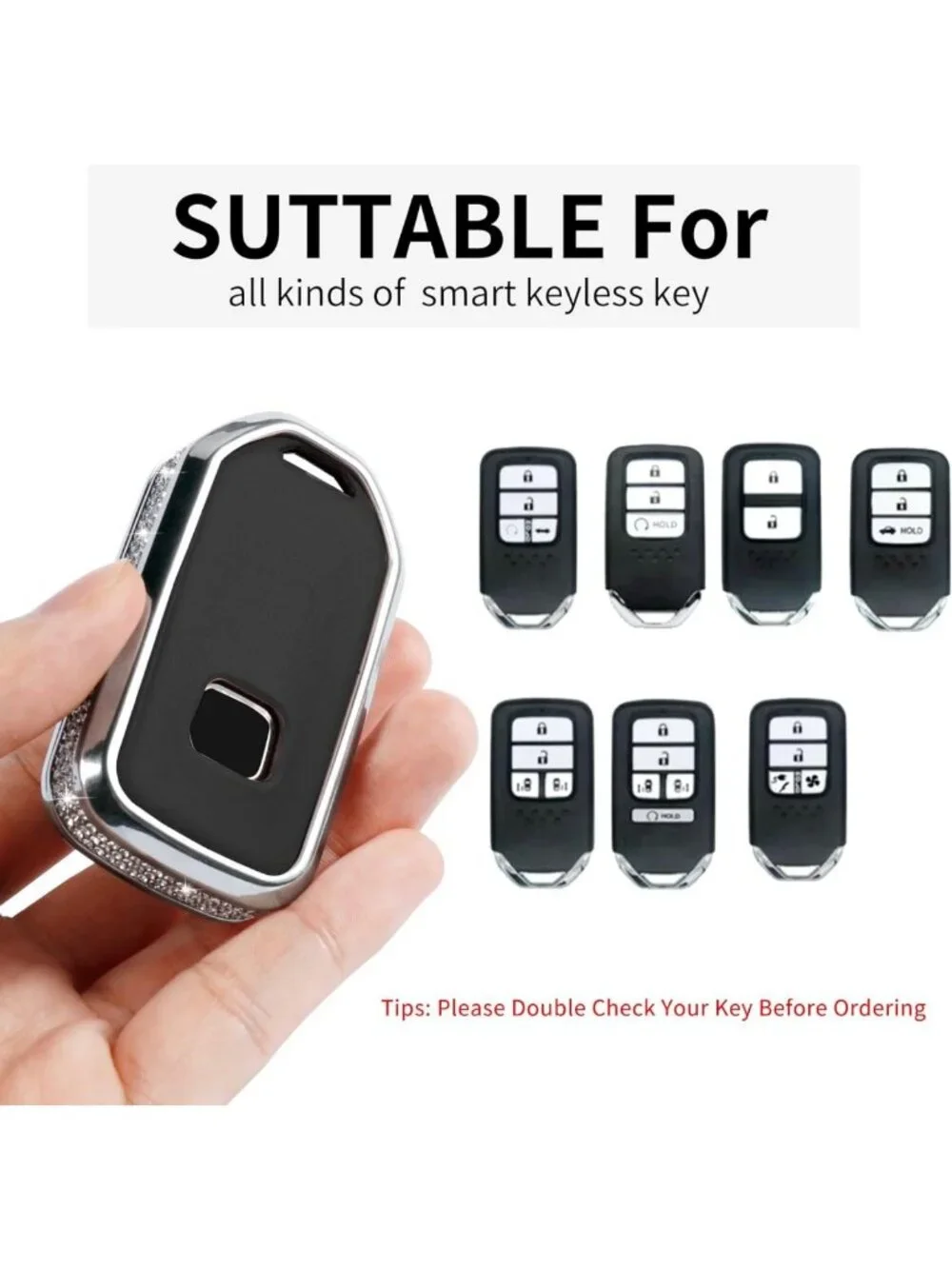 Stylish Black Leather Key Fob Cover with Keychain - Crystal Protection Case for